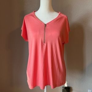 Tahari salmon colored top with 1/2 zipper